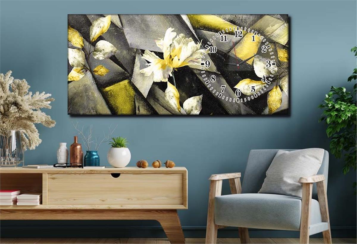 Horizontal bedrucktes Glas mit Kunst und Naturthema und einer Uhr an der Seite 100