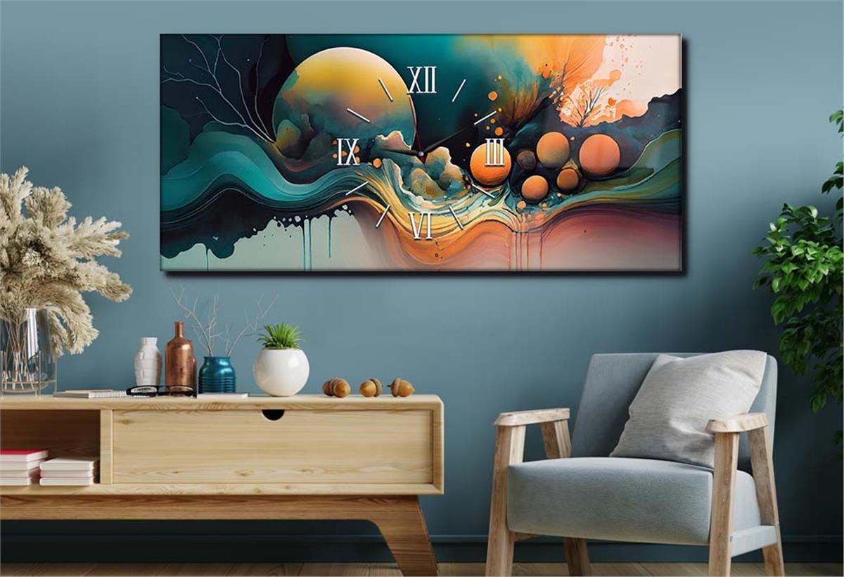 Yatay Ortadan Saatli  Sanat ve Doğa Temalı Cam Tablo 084