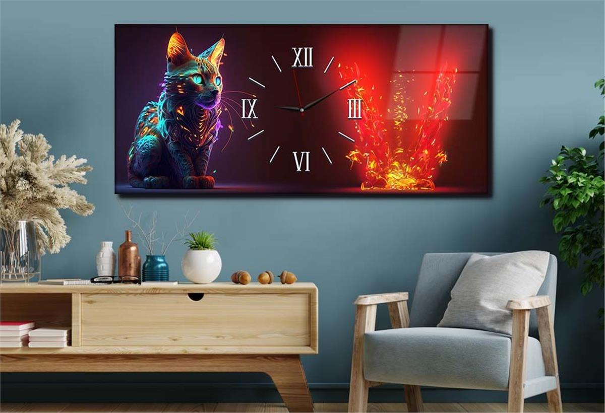 Yatay Ortadan Saatli  Sanat ve Doğa Temalı Cam Tablo 087
