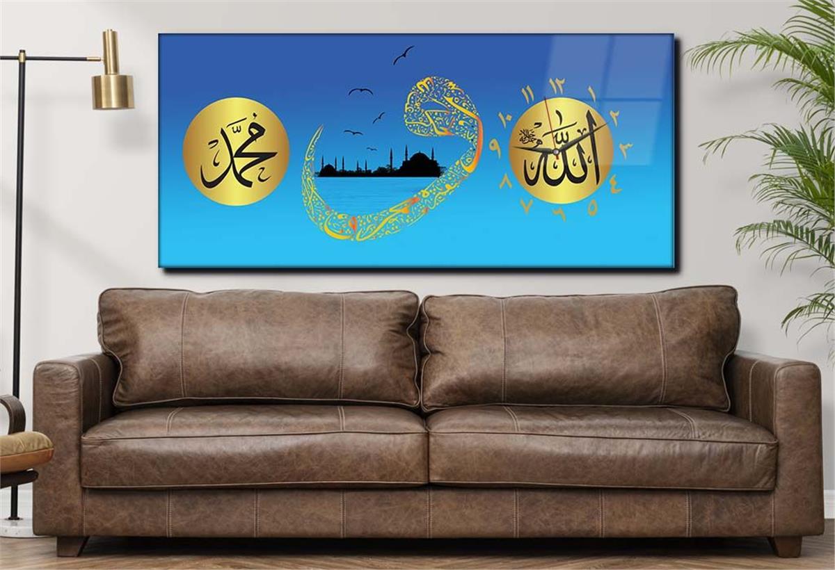 Horizontal bedrucktes Glas mit Religionenthema und einer Uhr an der Seite 004