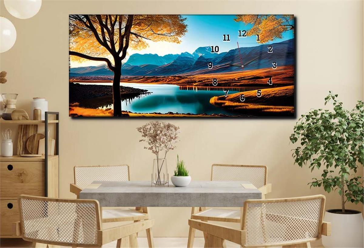 Horizontal bedrucktes Glas mit Kunst und Naturthema und einer Uhr an der Seite 171