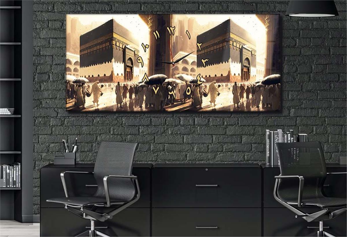 Yatay Ortadan Saatli  Dini Temalı Cam Tablo 113