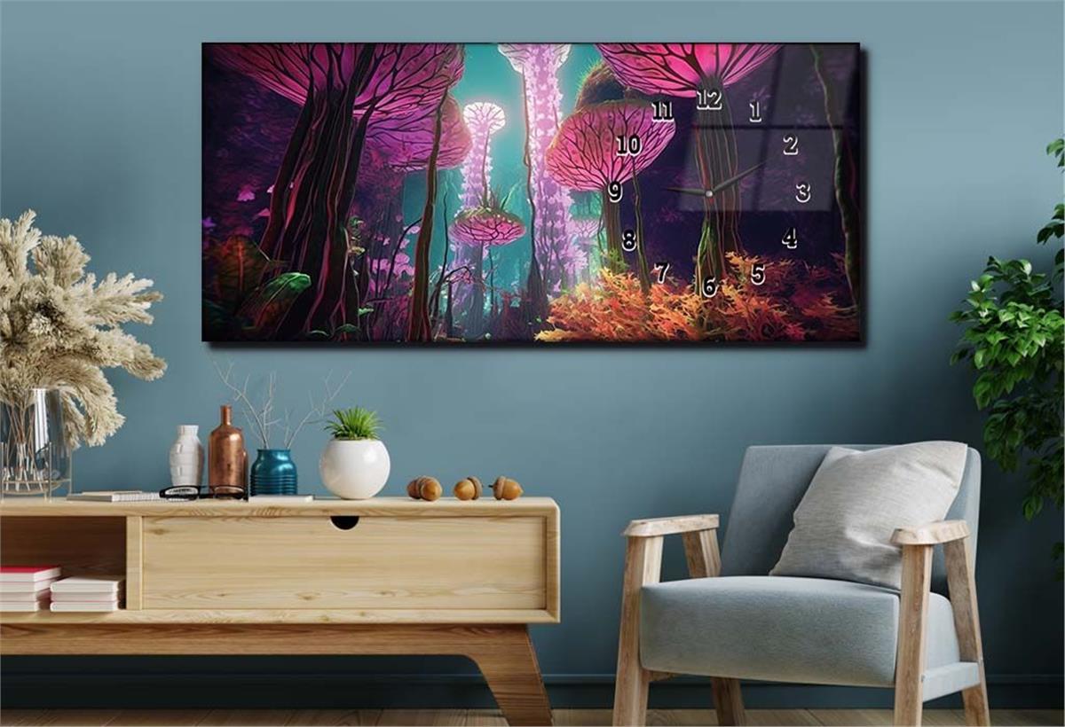 Horizontal bedrucktes Glas mit Kunst und Naturthema und einer Uhr an der Seite 228