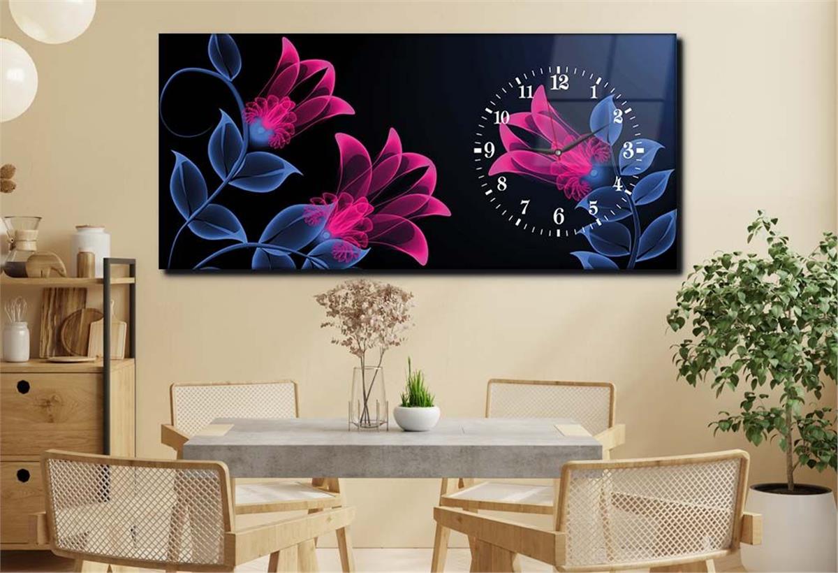 Horizontal bedrucktes Glas mit Kunst und Naturthema und einer Uhr an der Seite 082