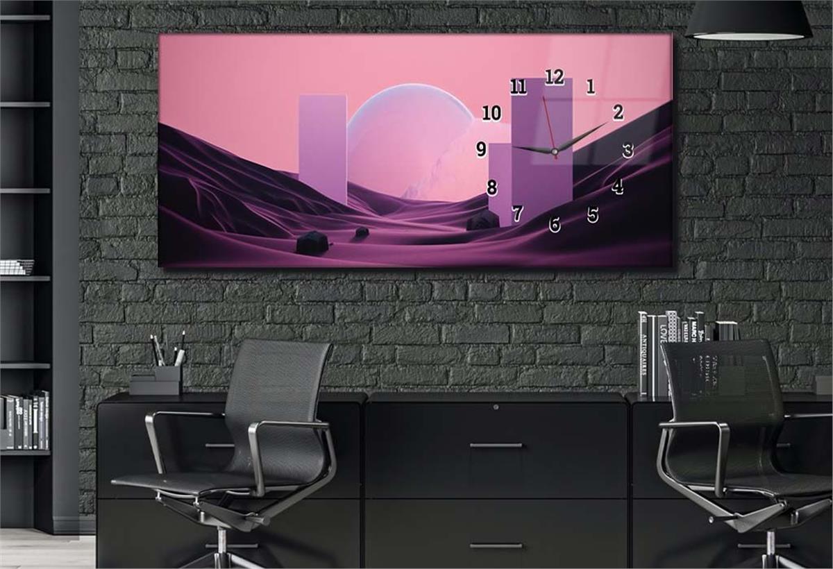 Horizontal bedrucktes Glas mit Kunst und Naturthema und einer Uhr an der Seite 229