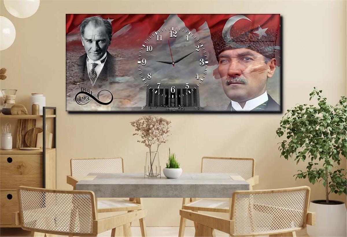 Yatay Ortadan Saatli  Vatan Temalı Cam Tablo 067
