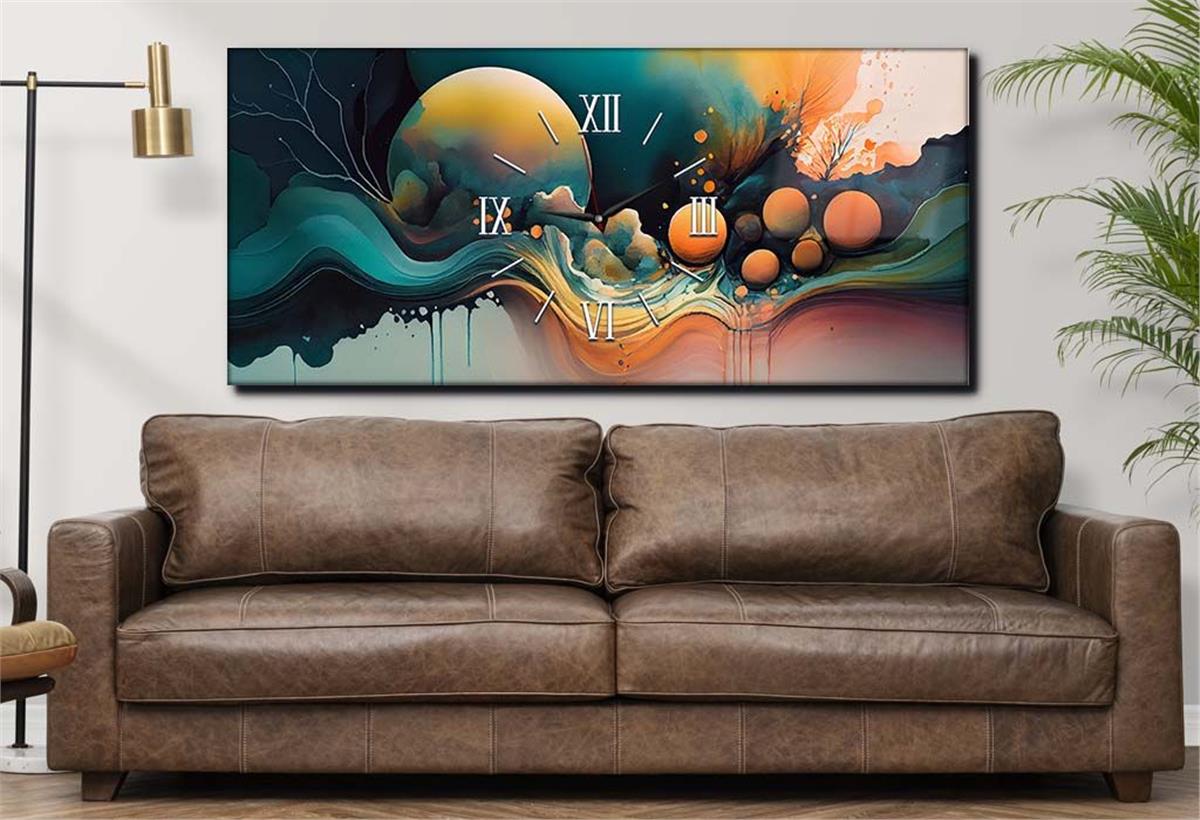 Yatay Ortadan Saatli  Sanat ve Doğa Temalı Cam Tablo 084