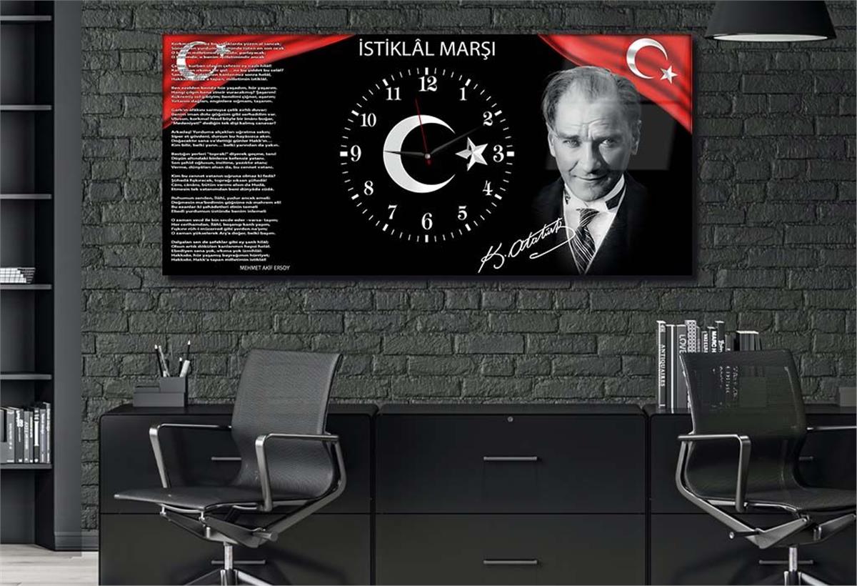 Yatay Ortadan Saatli  Vatan Temalı Cam Tablo 013