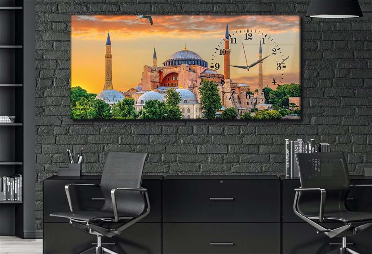 Horizontal bedrucktes Glas mit Religionenthema und einer Uhr an der Seite 028