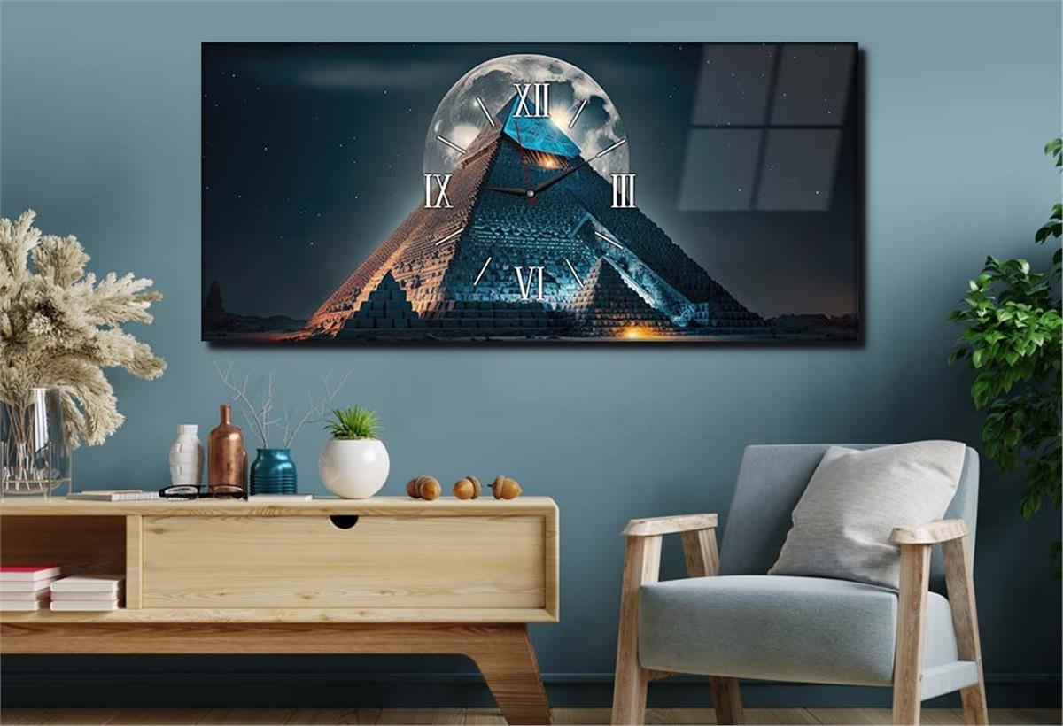 Horizontal bedrucktes Glas mit Kunst- und Naturthema und einer Uhr in der Mitte 105