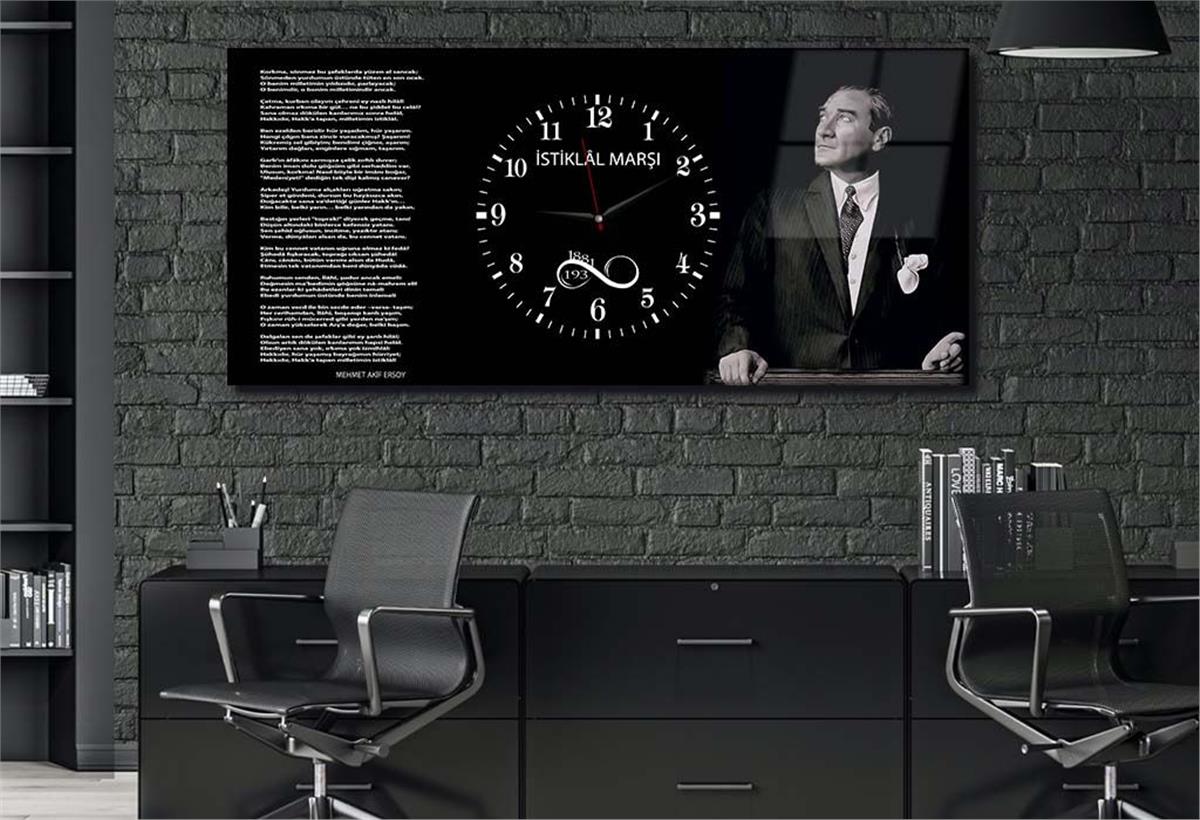 Yatay Ortadan Saatli  Vatan Temalı Cam Tablo 045
