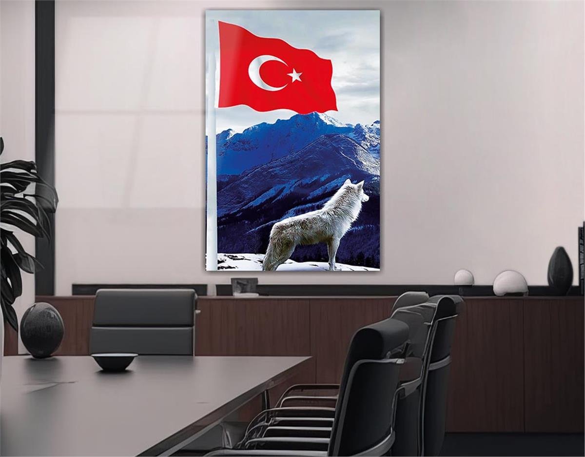 TÜRK BAYRAĞI VE KURT GÖRSELLİ CAM TABLO 