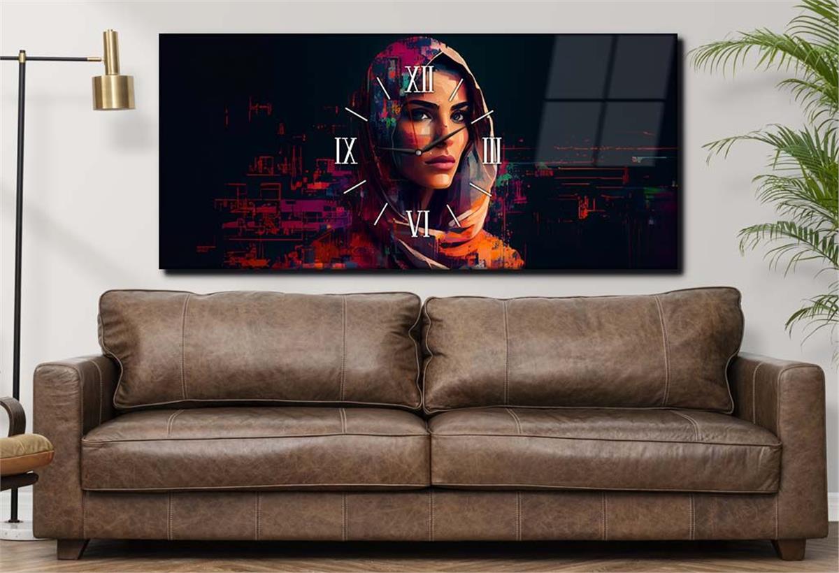 Yatay Ortadan Saatli  Sanat ve Doğa Temalı Cam Tablo 067