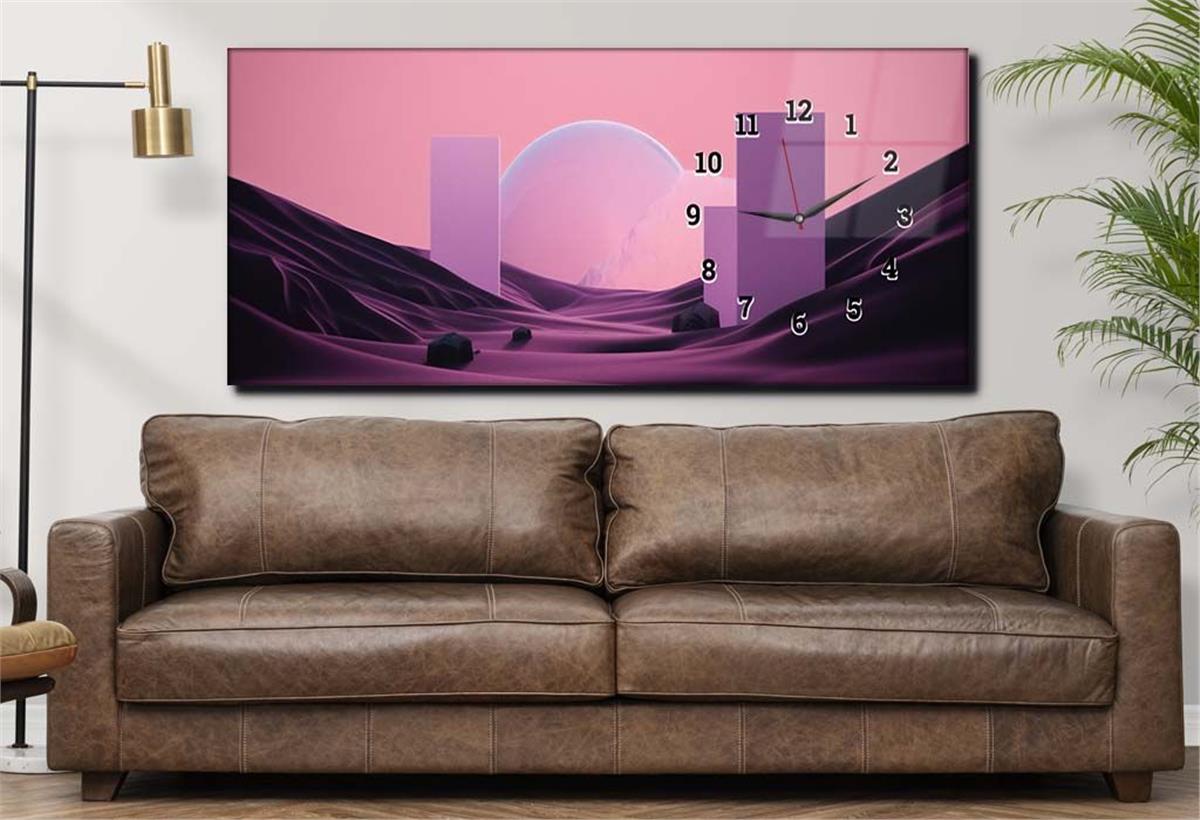 Horizontal bedrucktes Glas mit Kunst und Naturthema und einer Uhr an der Seite 229