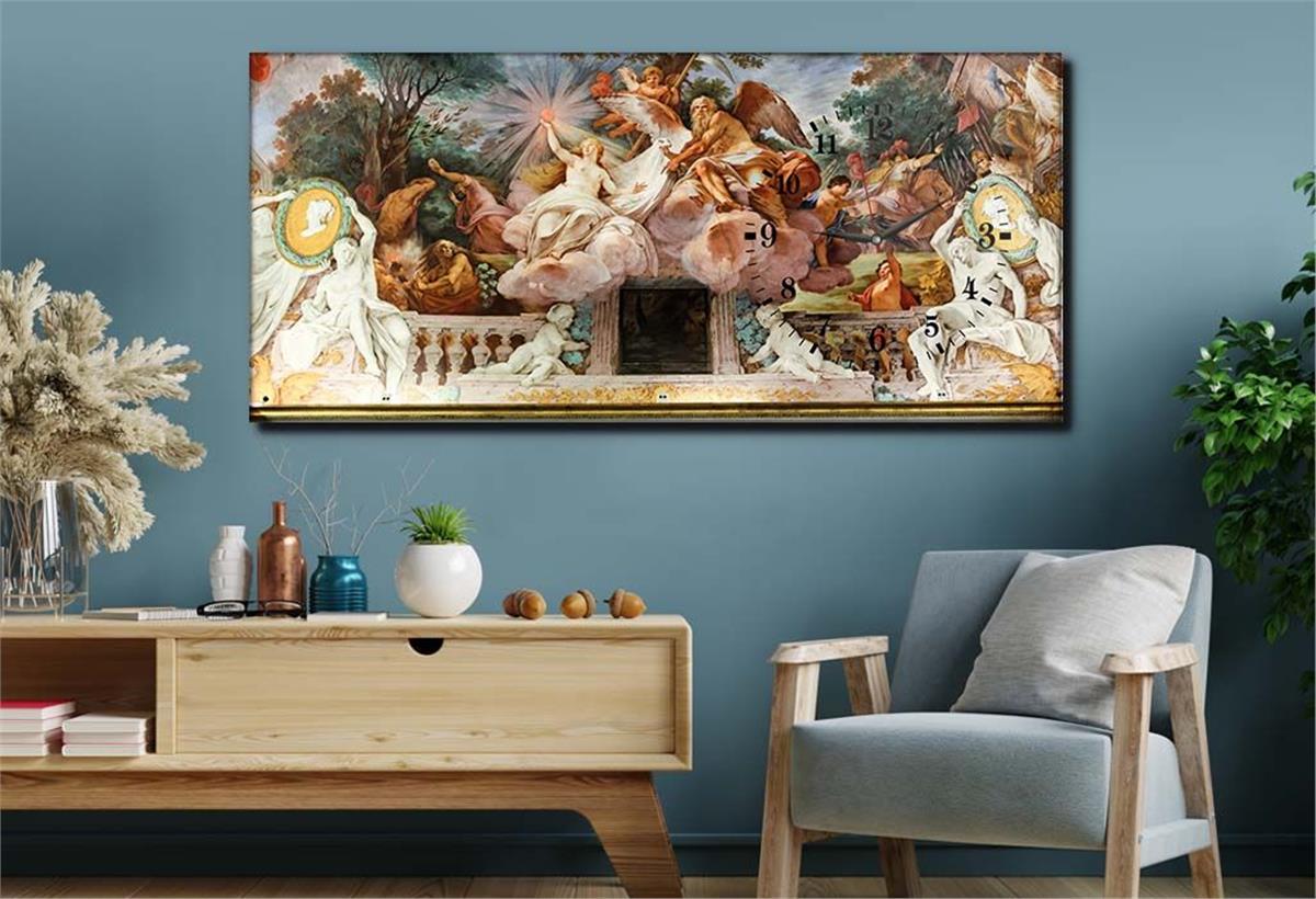 Horizontaal, Aan De Zijkant Voorzien Van Een Klok, Kunst en Natuur Thema Gehard Glasschilderij 076