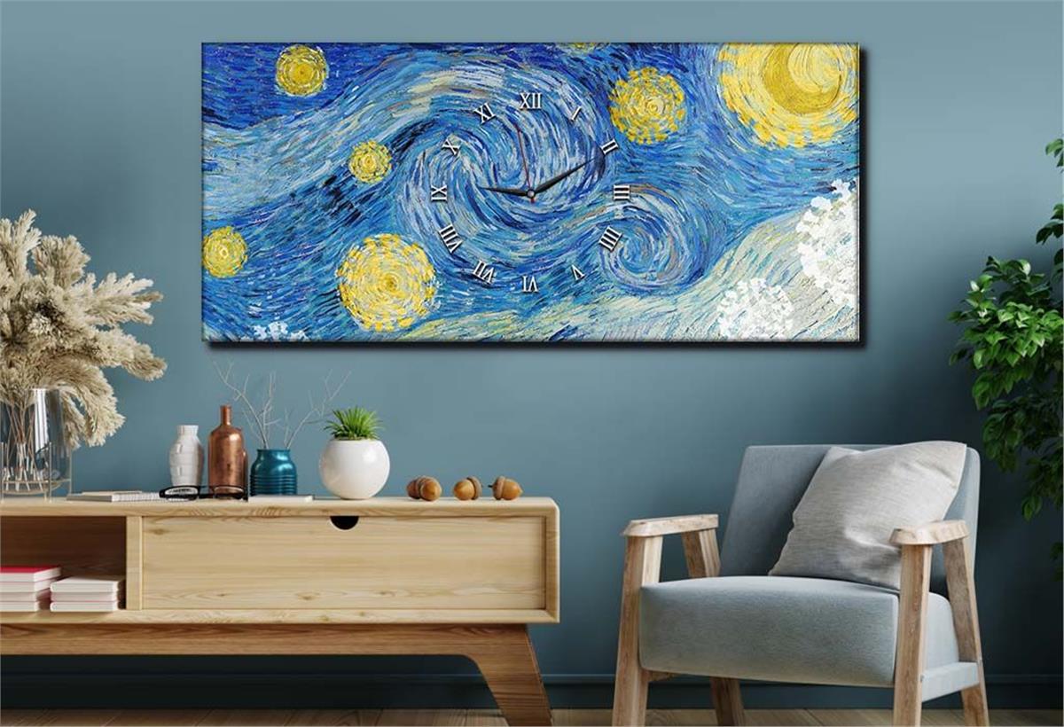 Yatay Ortadan Saatli  Sanat ve Doğa Temalı Cam Tablo 002