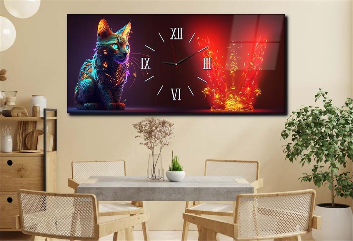 Yatay Ortadan Saatli  Sanat ve Doğa Temalı Cam Tablo 087