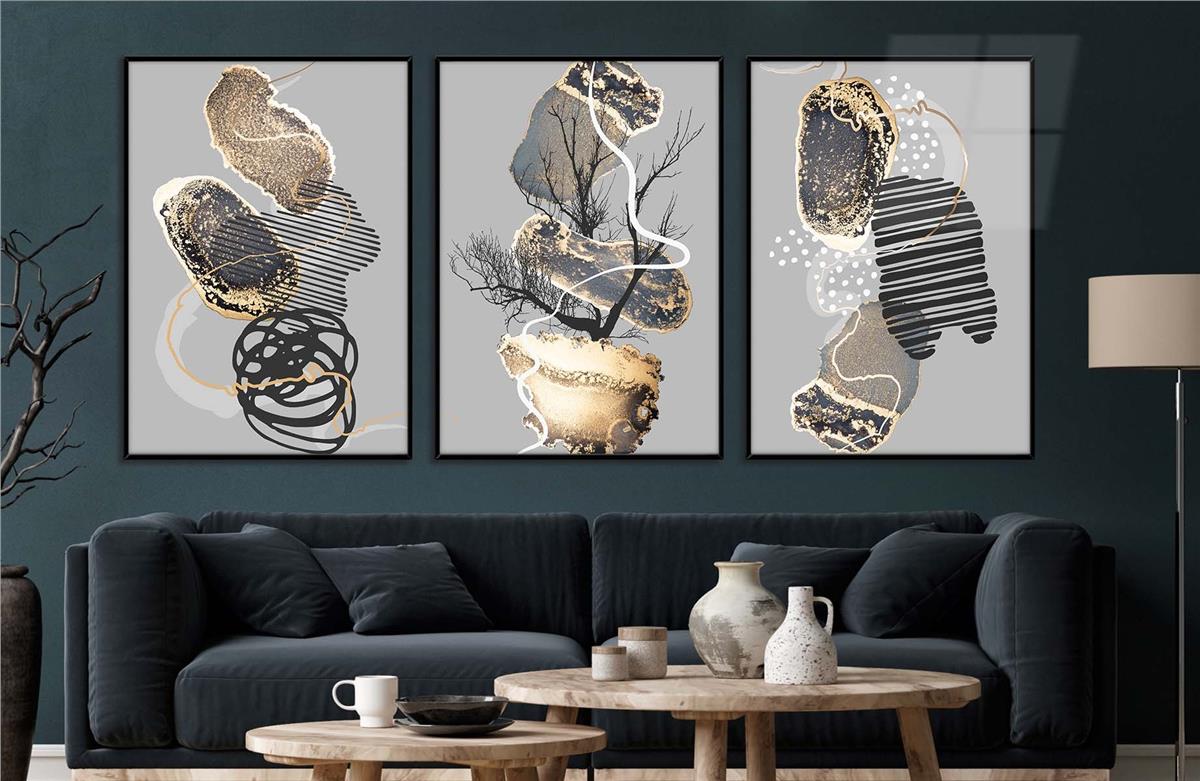 Alüminyum Çerçeveli Sanat Temalı 3'lü Set MDF Tablo 0084