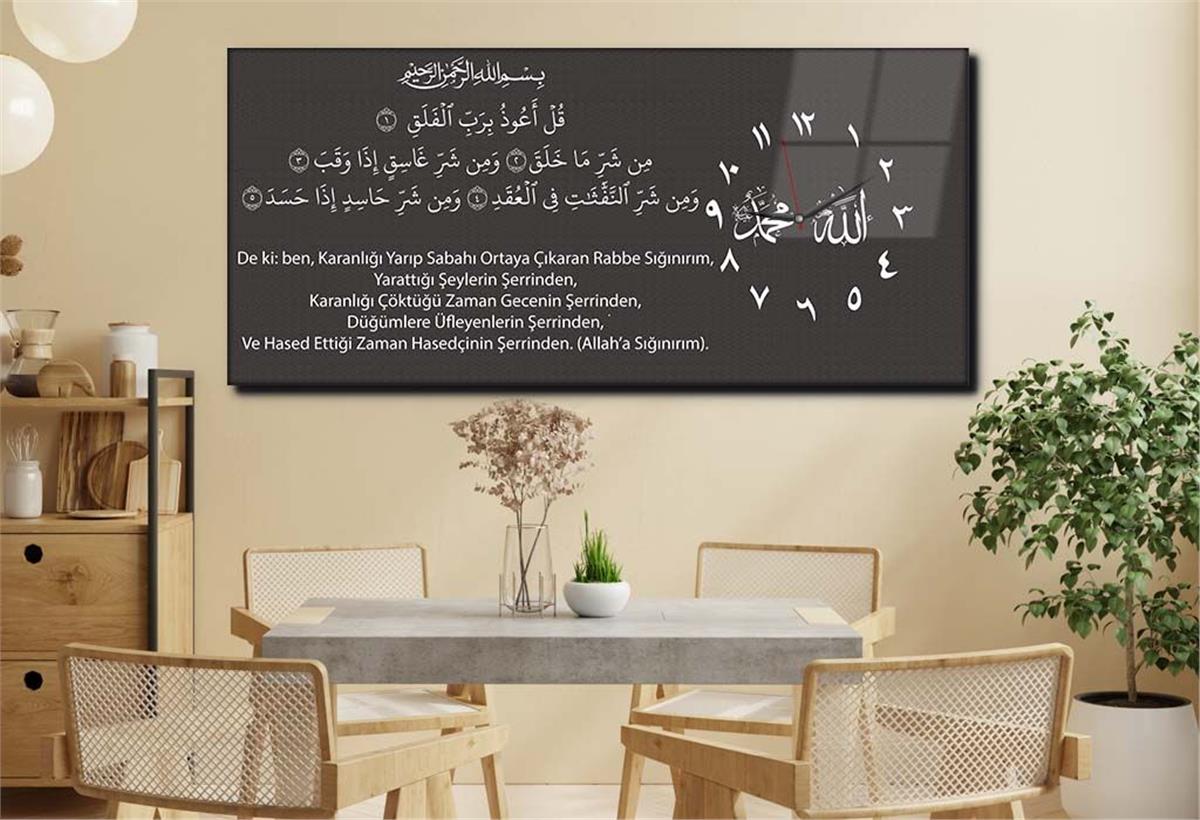 Horizontal bedrucktes Glas mit Religionenthema und einer Uhr an der Seite 018