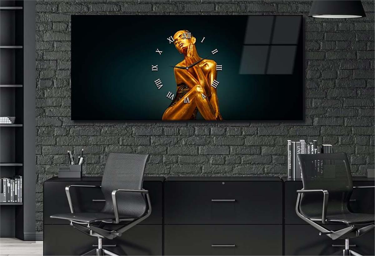 Yatay Ortadan Saatli  Sanat ve Doğa Temalı Cam Tablo 023