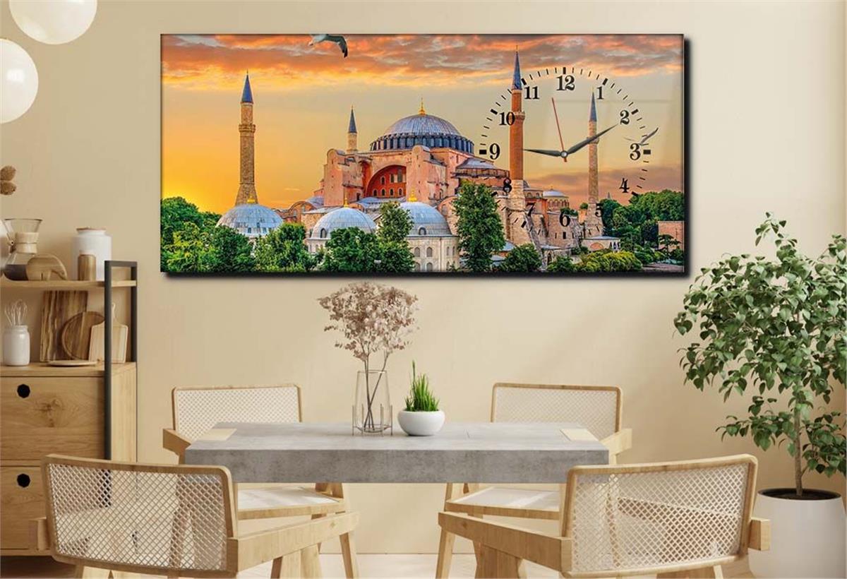 Horizontal bedrucktes Glas mit Religionenthema und einer Uhr an der Seite 028