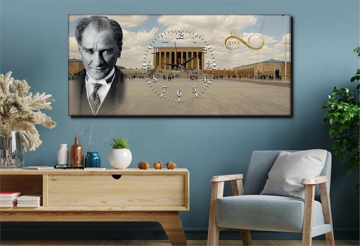 Yatay Ortadan Saatli  Vatan Temalı Cam Tablo 063
