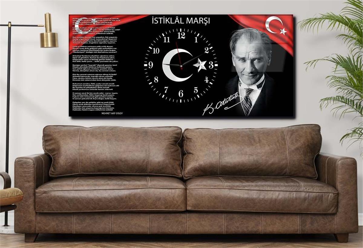 Yatay Ortadan Saatli  Vatan Temalı Cam Tablo 013