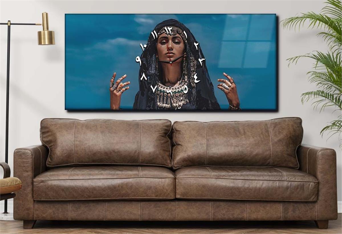 Yatay Ortadan Saatli  Sanat ve Doğa Temalı Cam Tablo 042