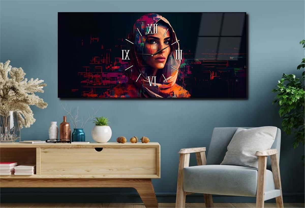 Yatay Ortadan Saatli  Sanat ve Doğa Temalı Cam Tablo 067
