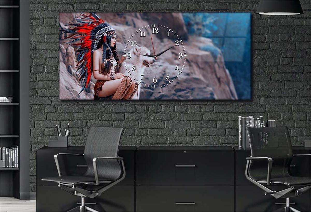 Horizontal bedrucktes Glas mit Kunst- und Naturthema und einer Uhr in der Mitte 040
