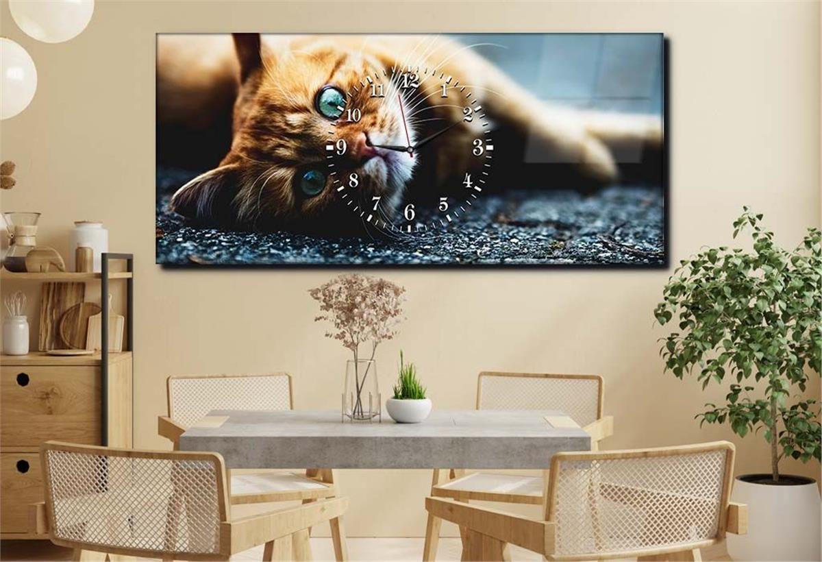 Yatay Ortadan Saatli  Sanat ve Doğa Temalı Cam Tablo 013