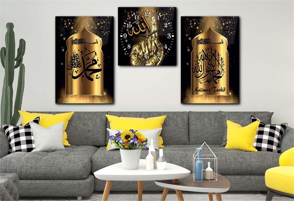ALLAH C.C İSMİ PEYGAMBER EFENDİMİZİN İSMİ VE KELİME-İ TEVHİD YAZILI CAM TABLO CAM SAAT SETİ 