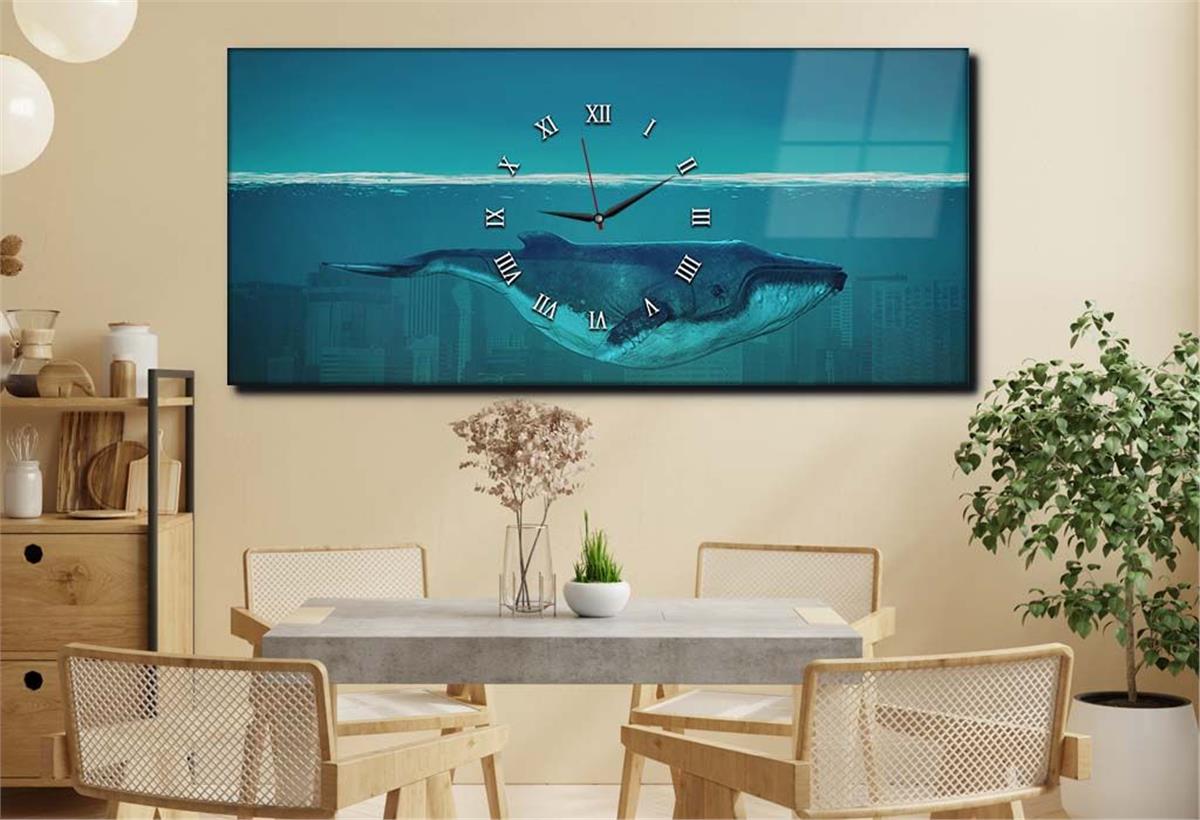 Horizontal bedrucktes Glas mit Kunst- und Naturthema und einer Uhr in der Mitte 018
