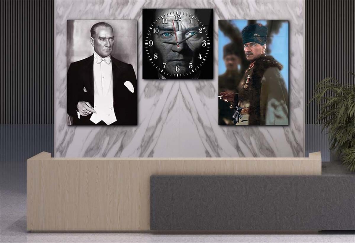 MUSTAFA KEMAL ATATÜRK Glass Wall Art Set with Clock