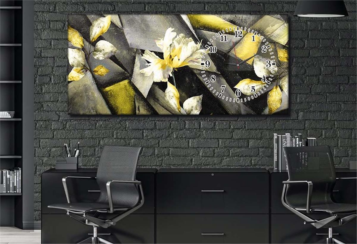 Horizontal bedrucktes Glas mit Kunst und Naturthema und einer Uhr an der Seite 100