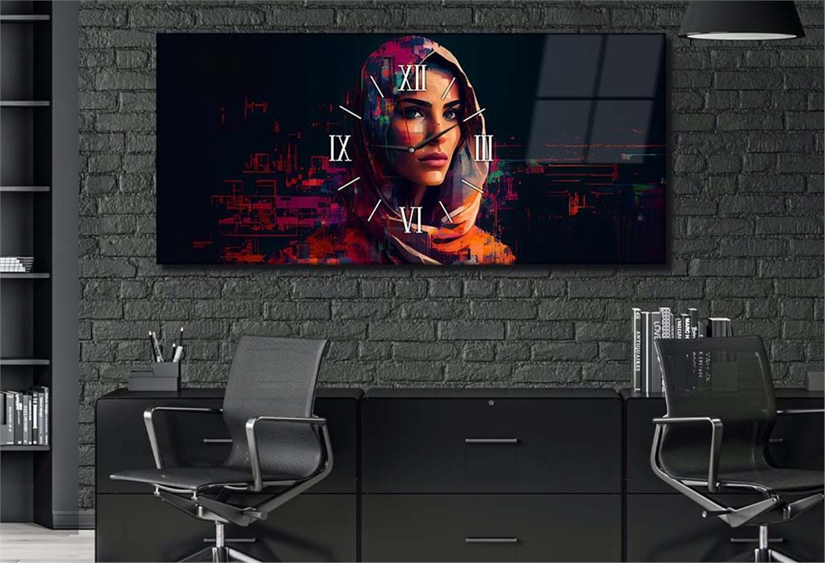 Yatay Ortadan Saatli  Sanat ve Doğa Temalı Cam Tablo 067