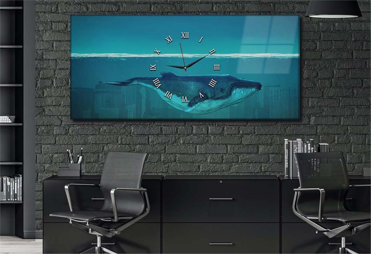 Horizontal bedrucktes Glas mit Kunst- und Naturthema und einer Uhr in der Mitte 018