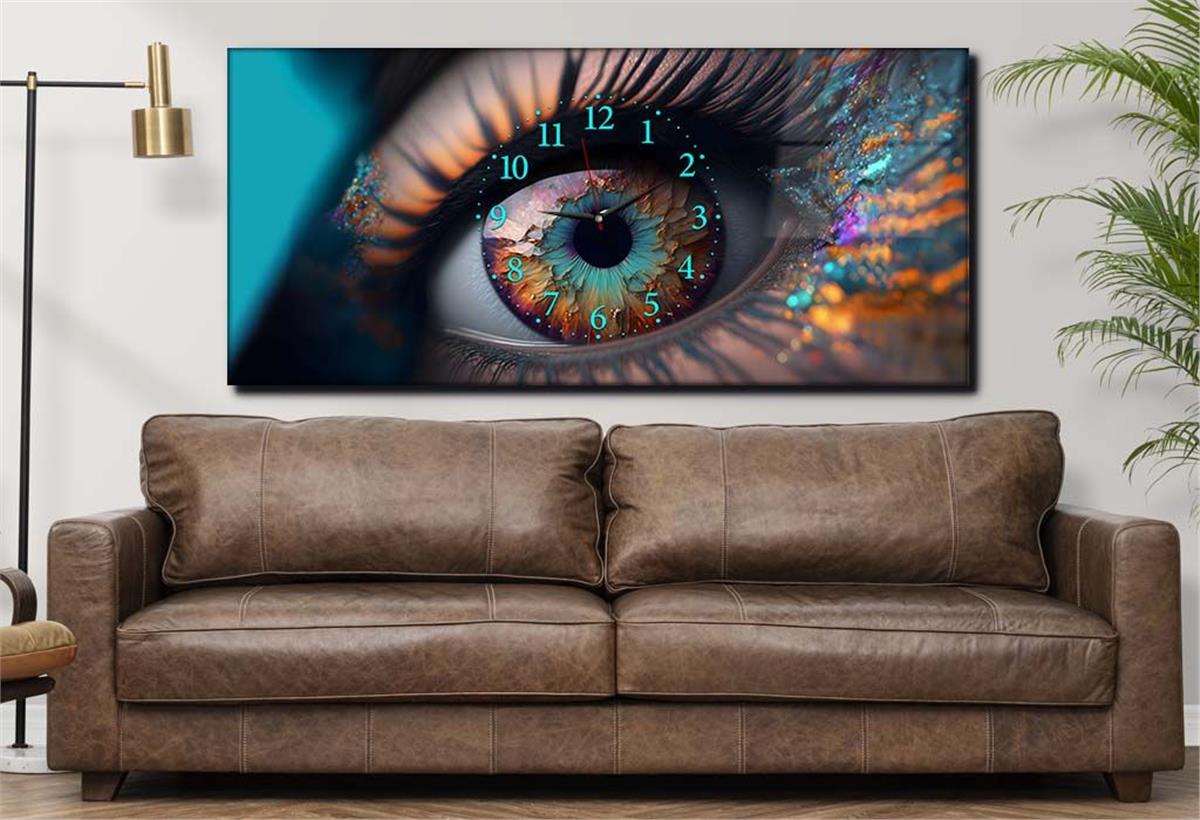Yatay Ortadan Saatli  Sanat ve Doğa Temalı Cam Tablo 074