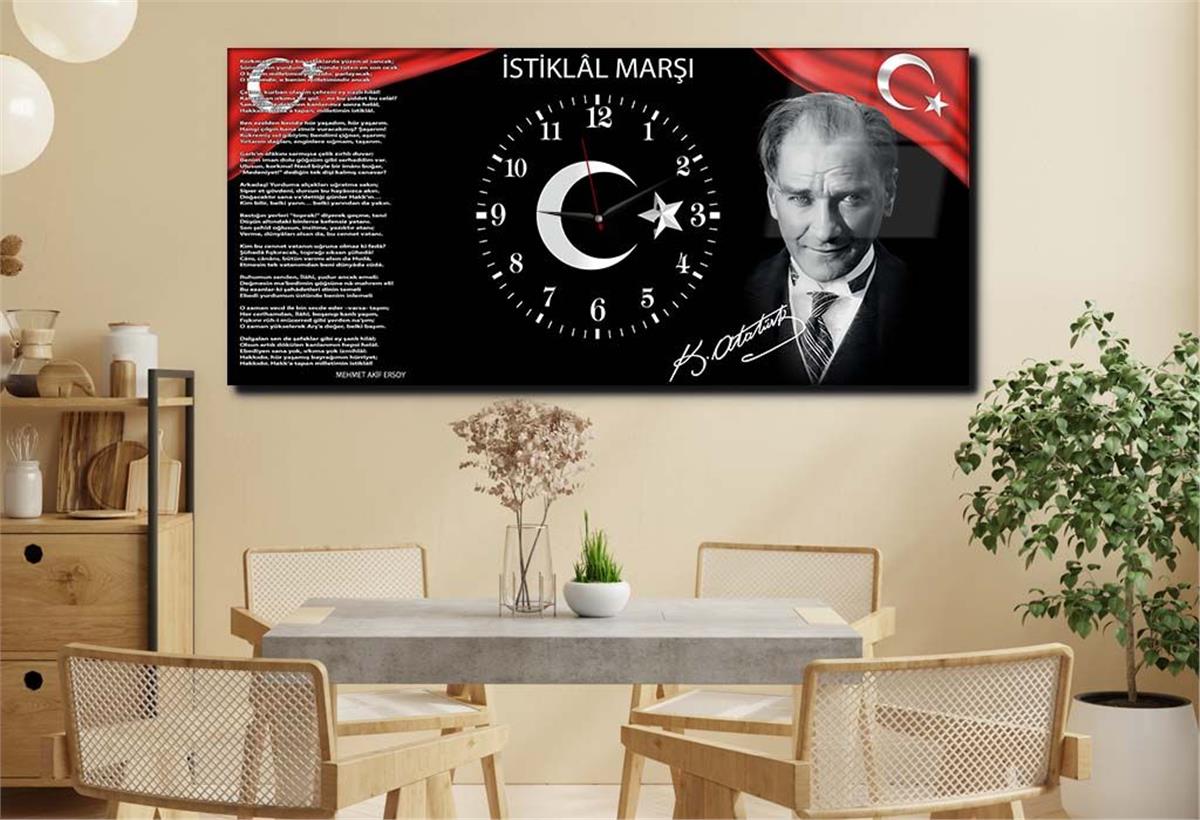Yatay Ortadan Saatli  Vatan Temalı Cam Tablo 013
