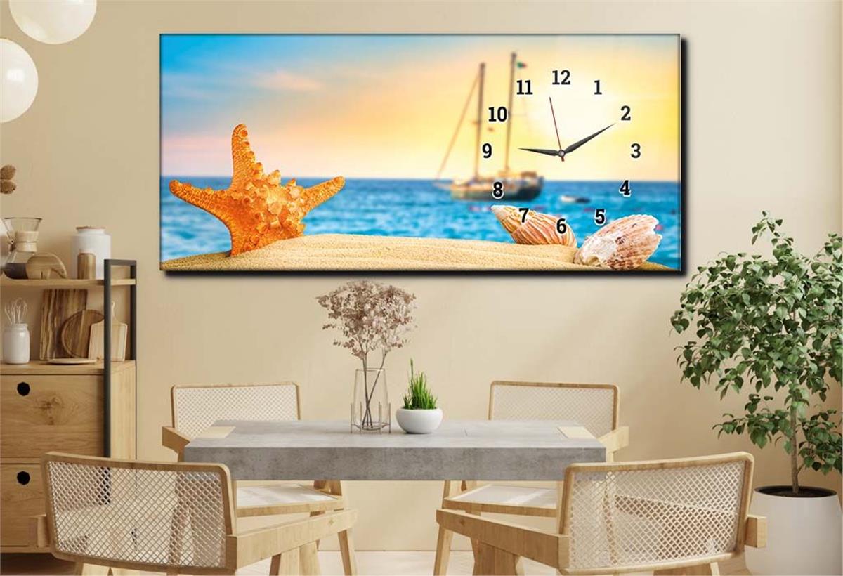 Beach Starfish, Seashell and Sailboat Side-Clock, Art And Nature-Themed Horizontal Glass Wall Painting 235