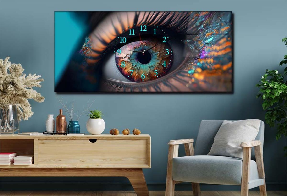 Yatay Ortadan Saatli  Sanat ve Doğa Temalı Cam Tablo 074