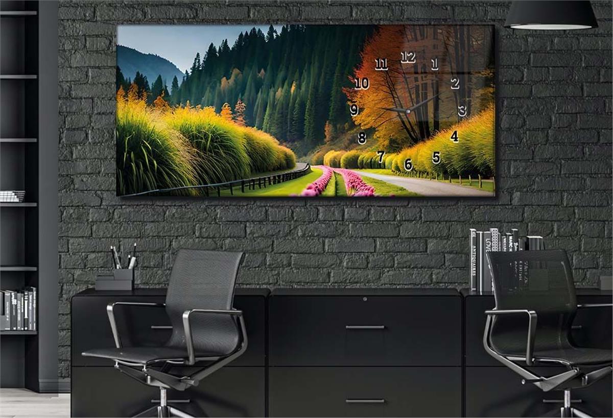 Horizontal bedrucktes Glas mit Kunst und Naturthema und einer Uhr an der Seite 174