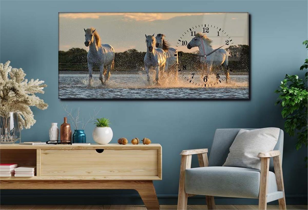 Yatay Saatli Yandan Sanat ve Doğa Temalı Cam Tablo 075