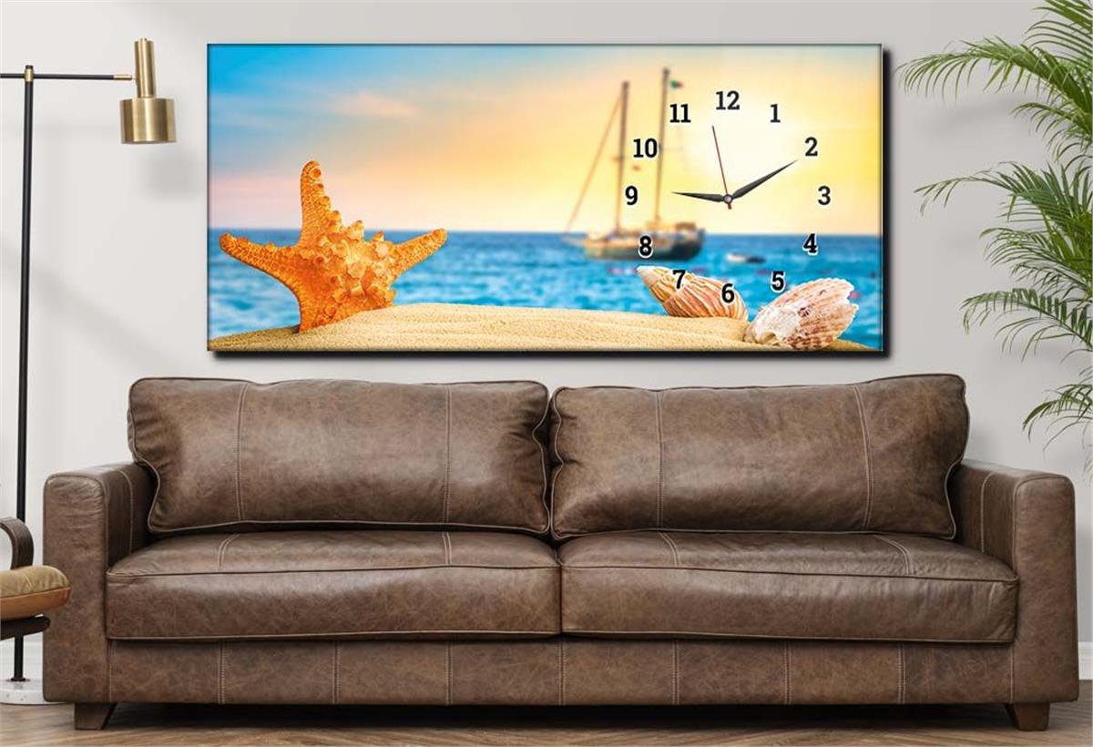 Beach Starfish, Seashell and Sailboat Side-Clock, Art And Nature-Themed Horizontal Glass Wall Painting 235