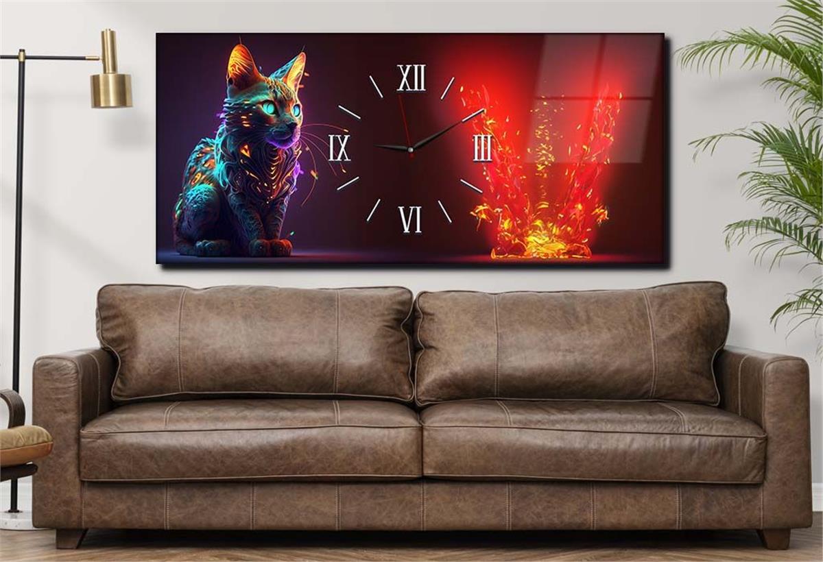 Yatay Ortadan Saatli  Sanat ve Doğa Temalı Cam Tablo 087