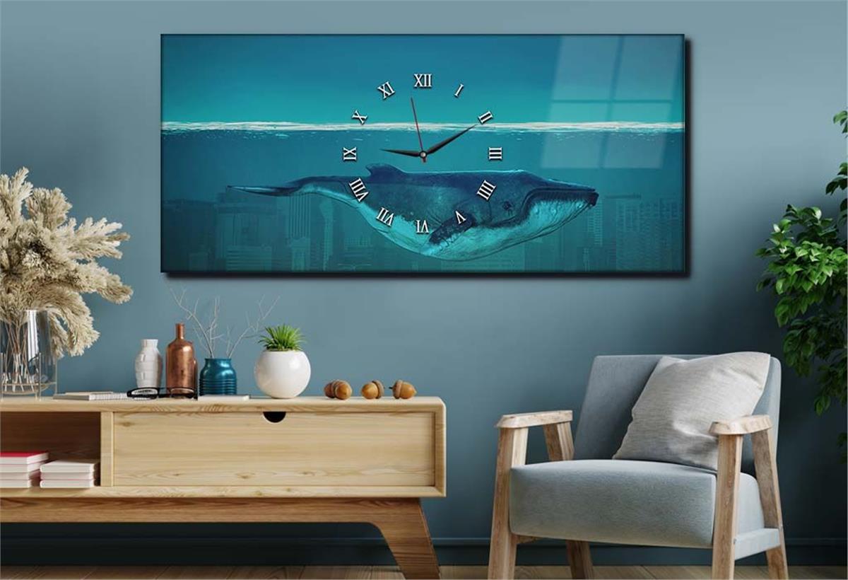 Horizontal bedrucktes Glas mit Kunst- und Naturthema und einer Uhr in der Mitte 018