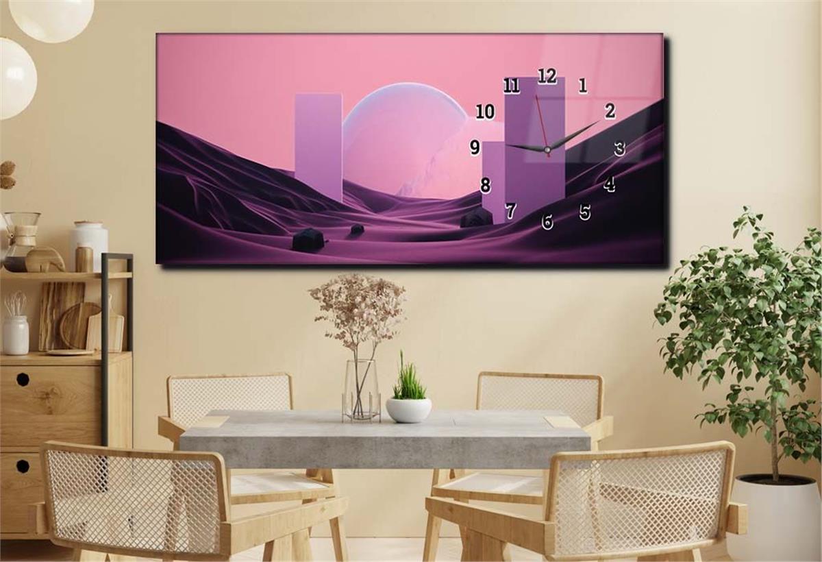 Horizontal bedrucktes Glas mit Kunst und Naturthema und einer Uhr an der Seite 229