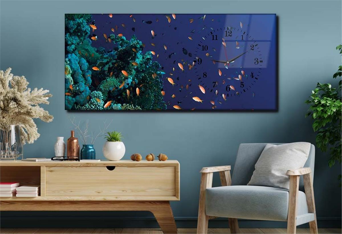Yatay Saatli Yandan Sanat ve Doğa Temalı Cam Tablo 029