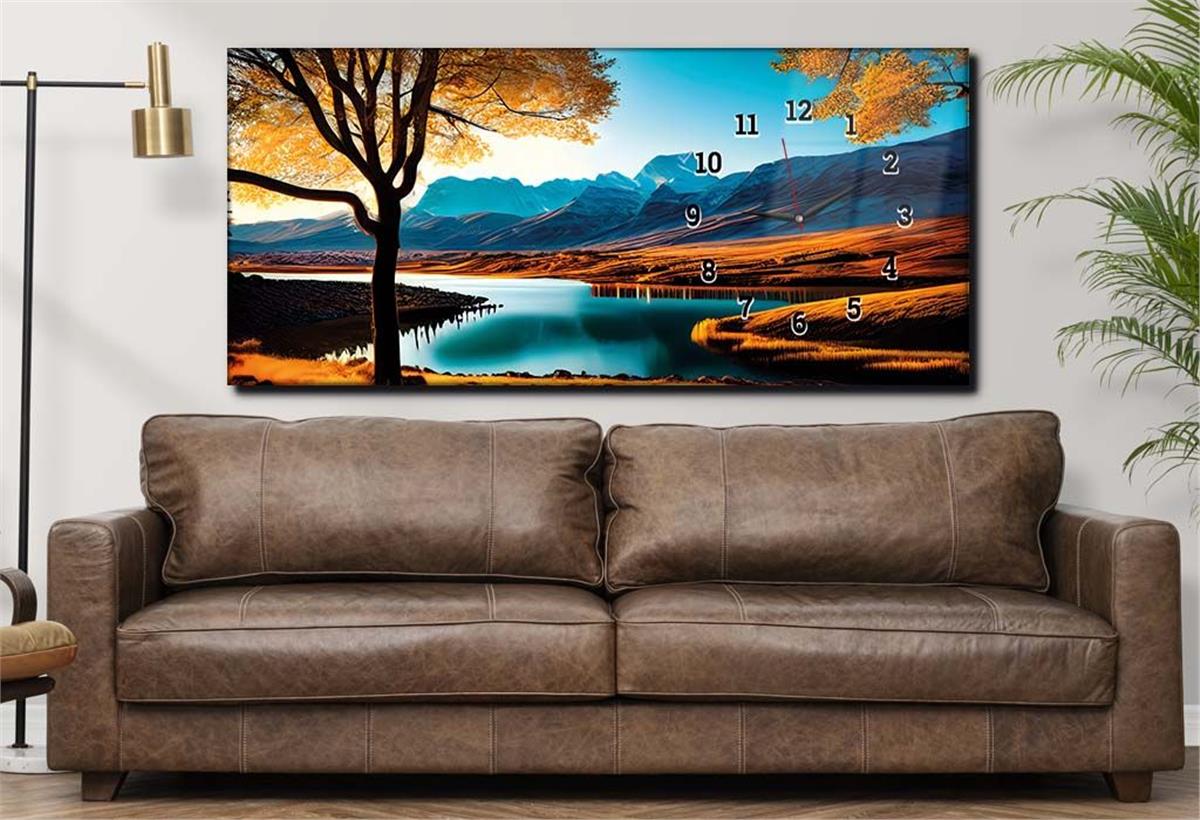 Horizontal bedrucktes Glas mit Kunst und Naturthema und einer Uhr an der Seite 171