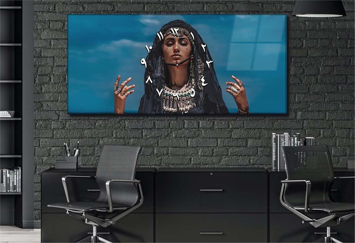 Yatay Ortadan Saatli  Sanat ve Doğa Temalı Cam Tablo 042